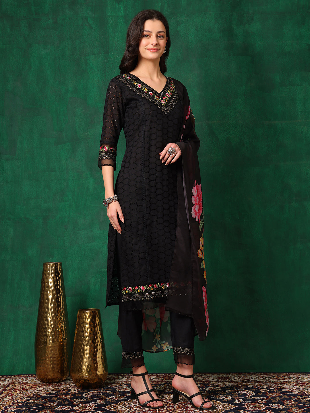 Embroidered Chikankari Kurta with Pant & Printed Dupatta