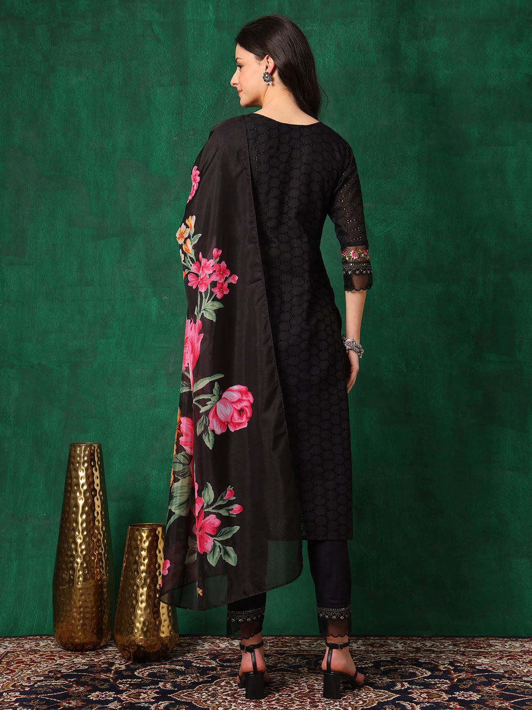 Embroidered Chikankari Kurta with Pant & Printed Dupatta
