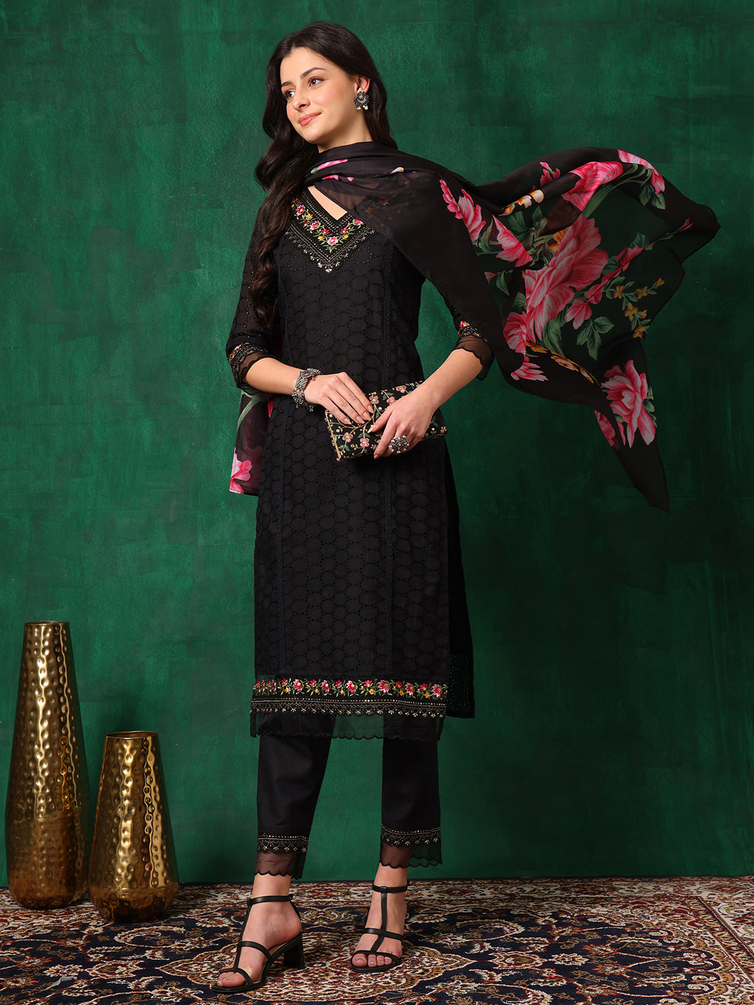 Embroidered Chikankari Kurta with Pant & Printed Dupatta