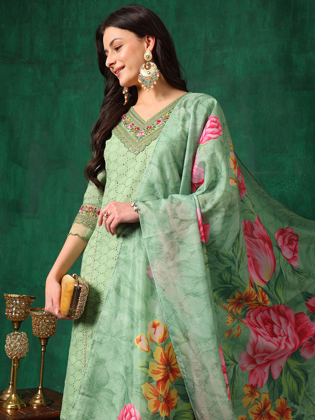 Embroidered Chikankari Kurta with Pant & Printed Dupatta