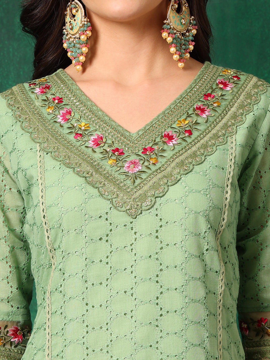 Embroidered Chikankari Kurta with Pant & Printed Dupatta