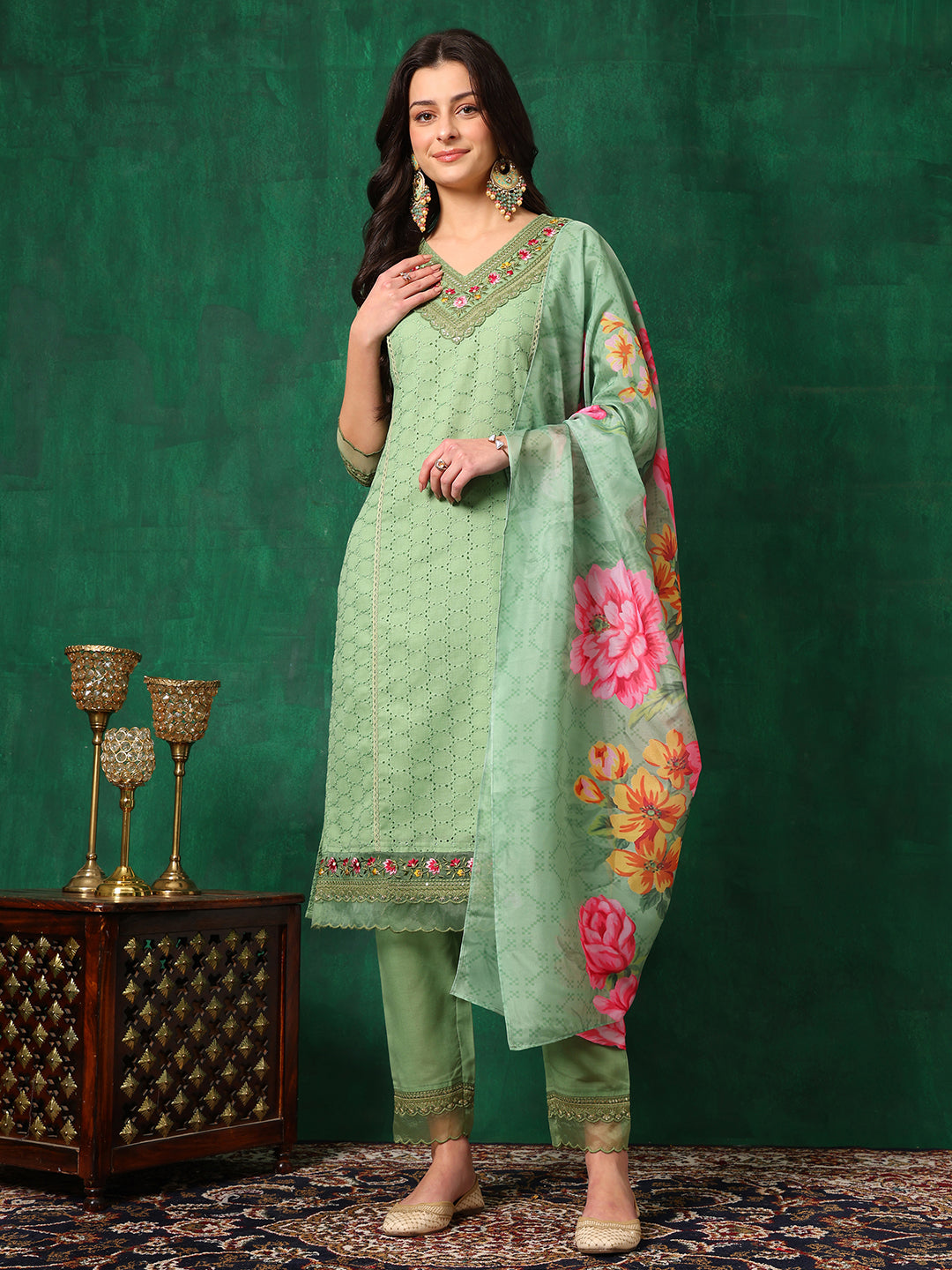 Embroidered Chikankari Kurta with Pant & Printed Dupatta