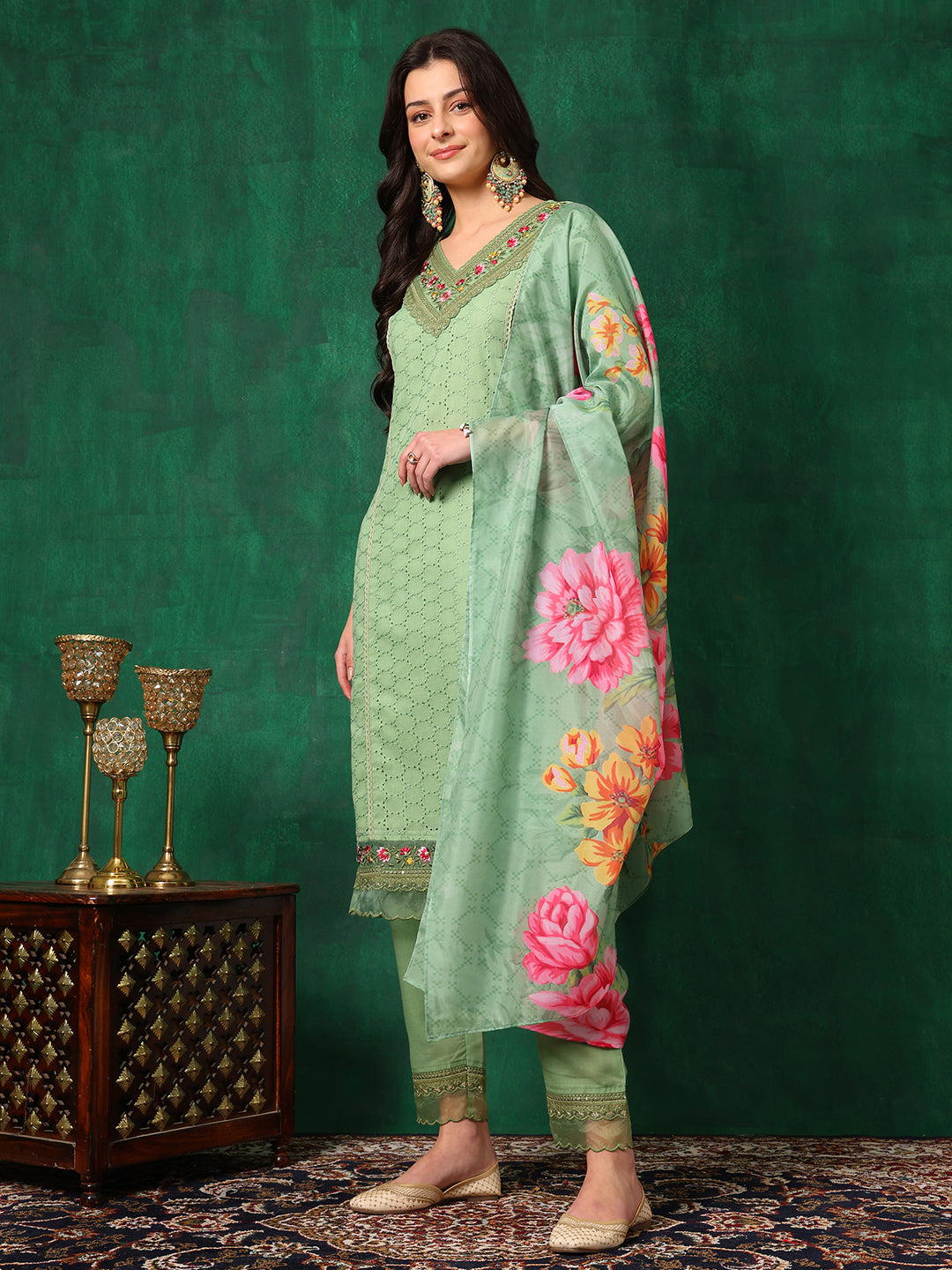 Embroidered Chikankari Kurta with Pant & Printed Dupatta