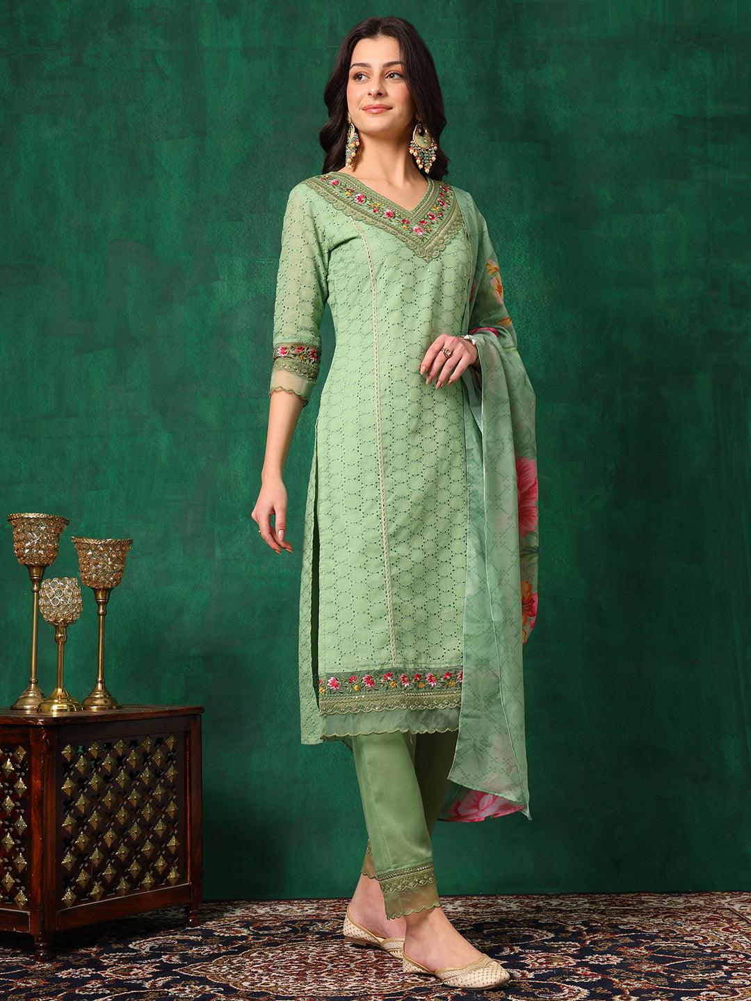 Embroidered Chikankari Kurta with Pant & Printed Dupatta