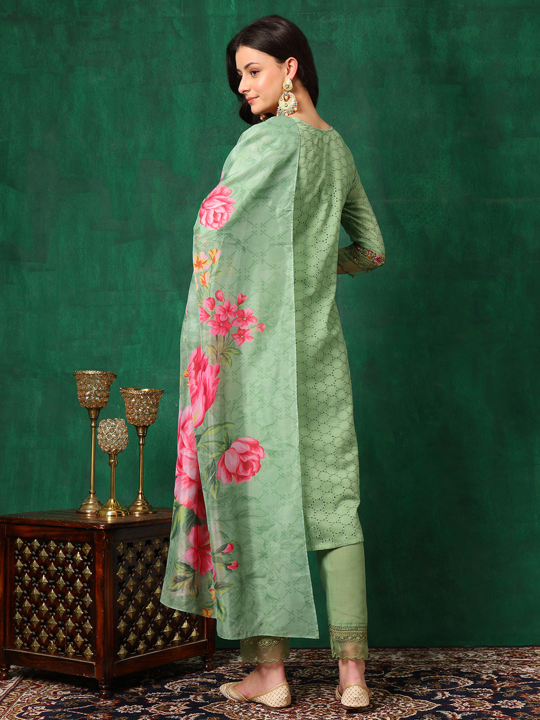 Embroidered Chikankari Kurta with Pant & Printed Dupatta