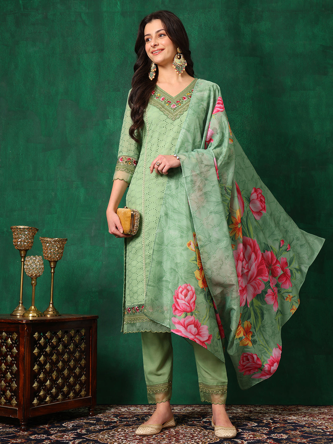 Embroidered Chikankari Kurta with Pant & Printed Dupatta