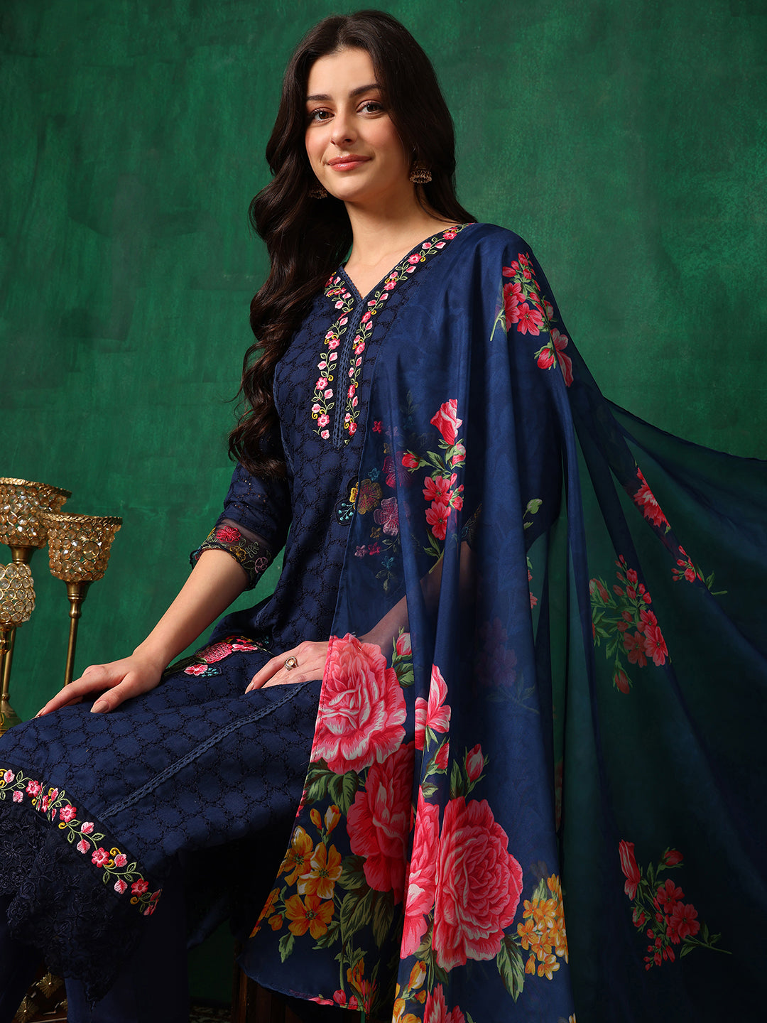 Applique Placement Embroidered Kurta with Pant & Dupatta