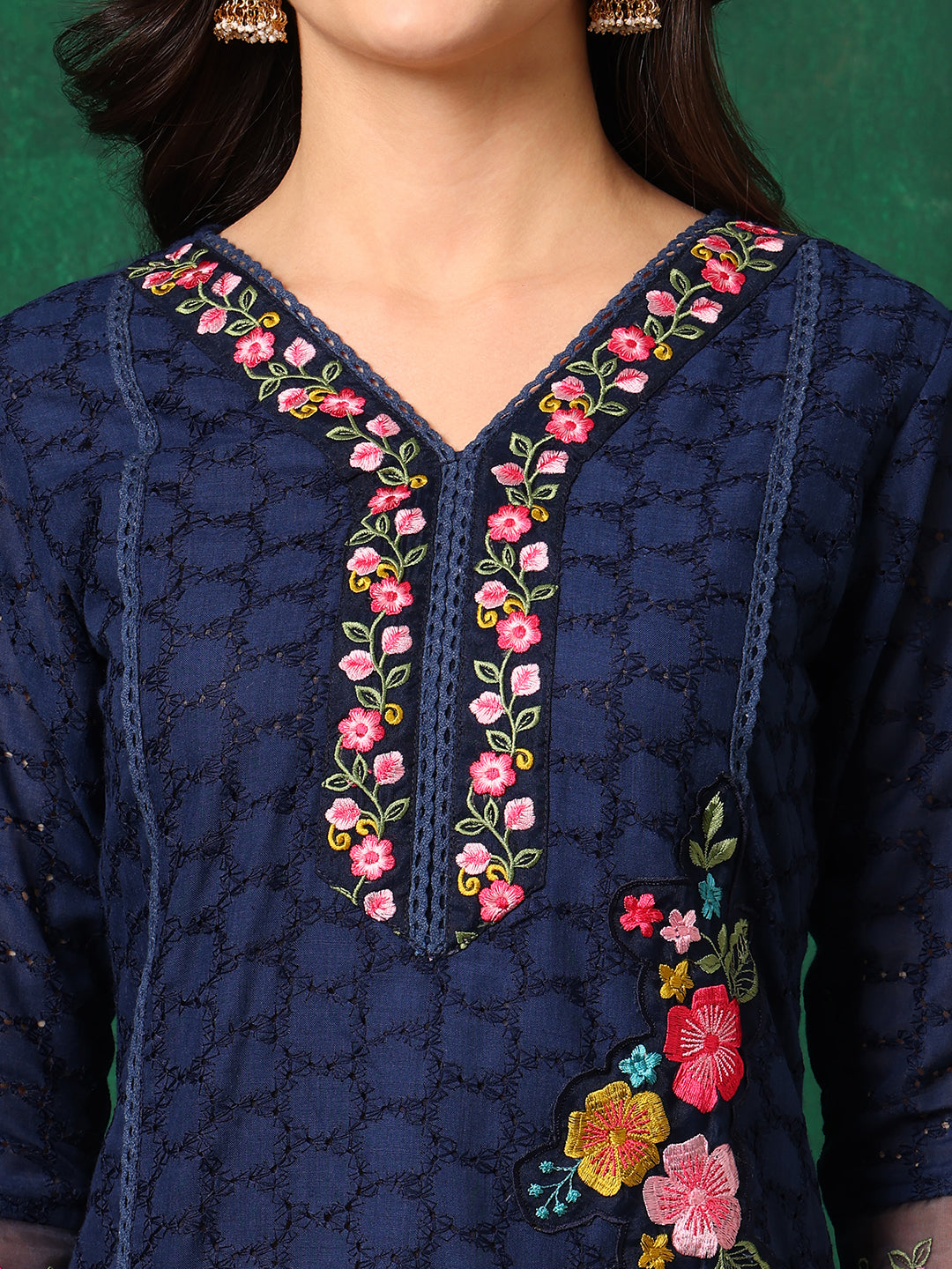 Applique Placement Embroidered Kurta with Pant & Dupatta