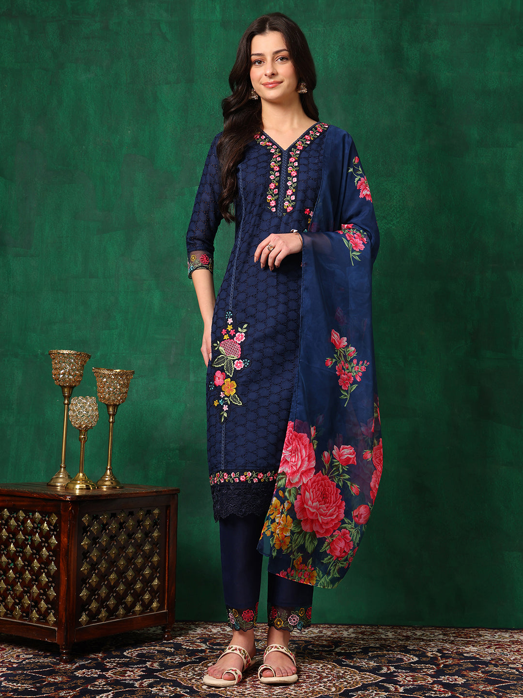 Applique Placement Embroidered Kurta with Pant & Dupatta