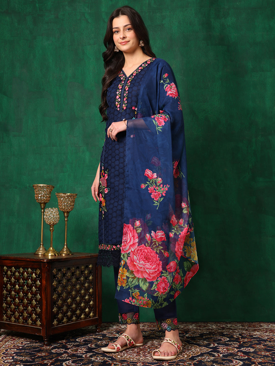 Applique Placement Embroidered Kurta with Pant & Dupatta