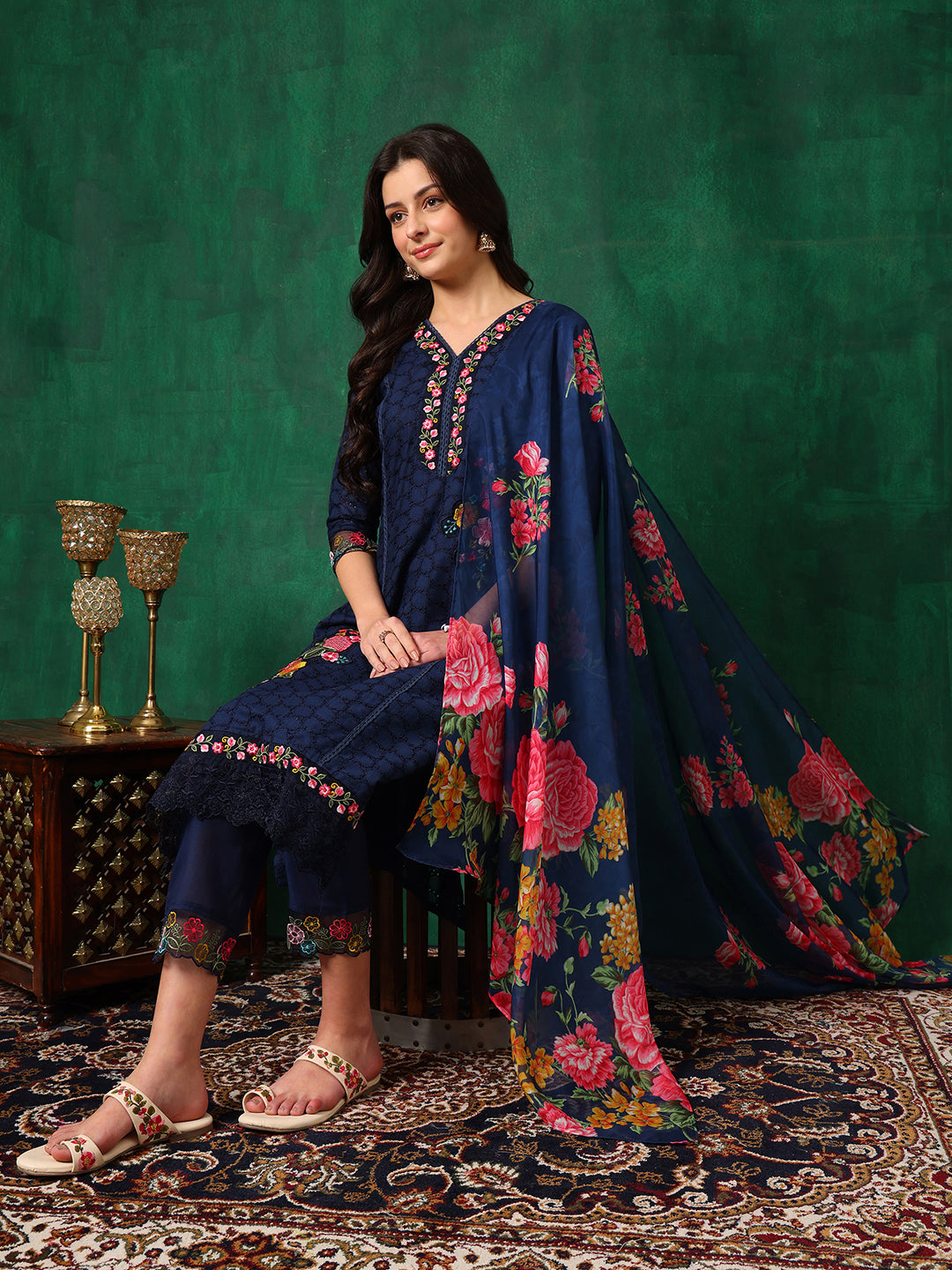 Applique Placement Embroidered Kurta with Pant & Dupatta