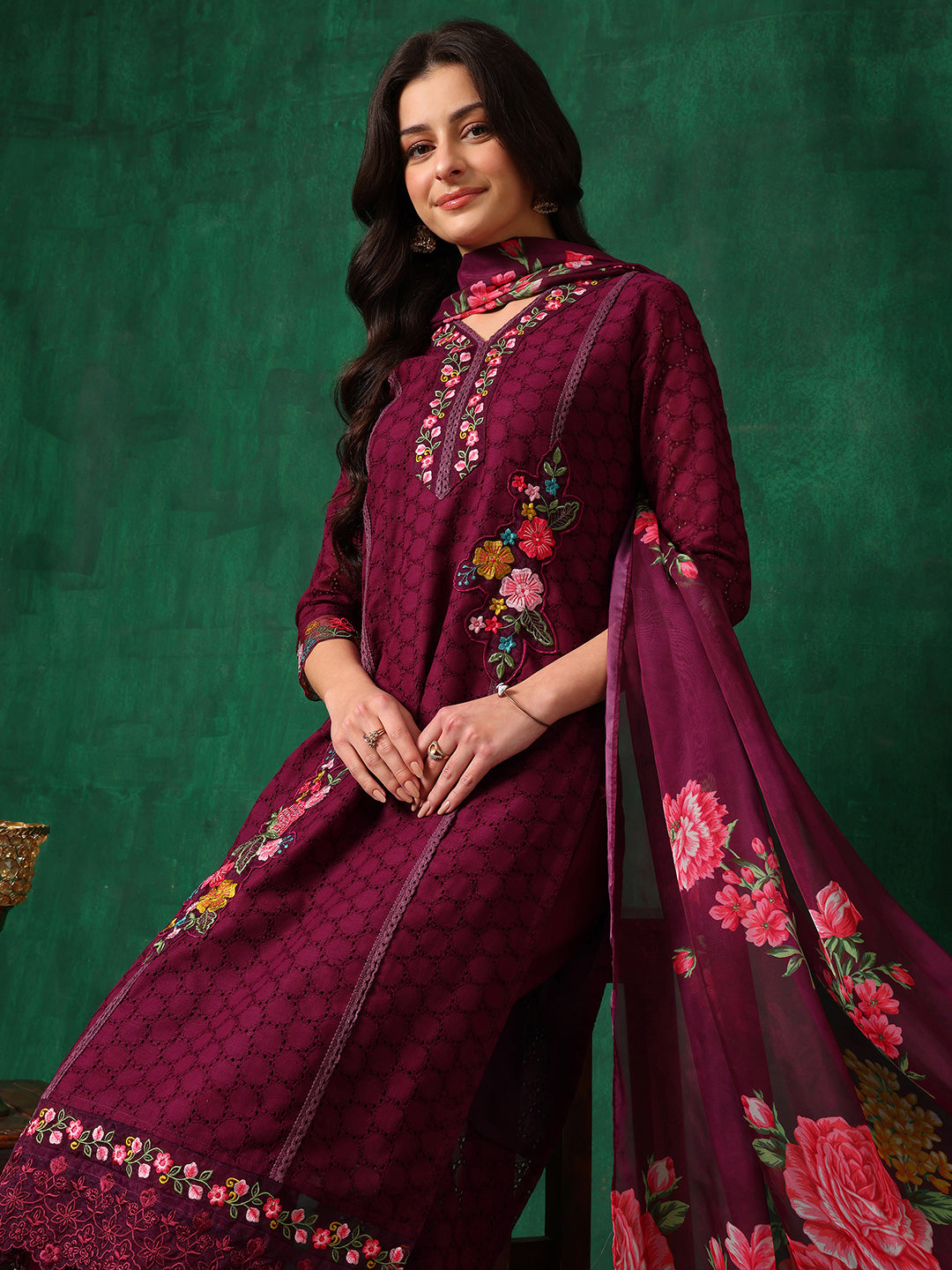 Applique Placement Embroidered Kurta with Pant & Dupatta