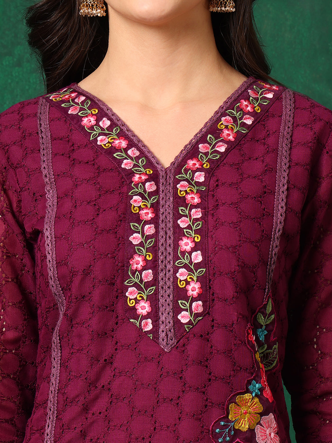 Applique Placement Embroidered Kurta with Pant & Dupatta