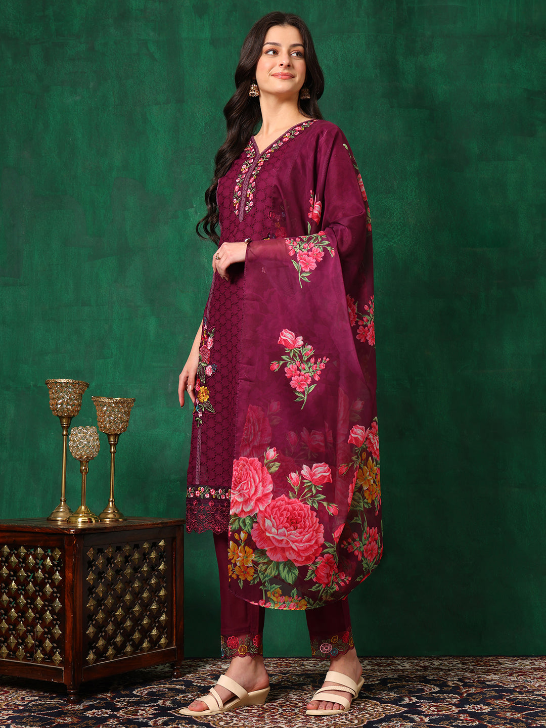 Applique Placement Embroidered Kurta with Pant & Dupatta