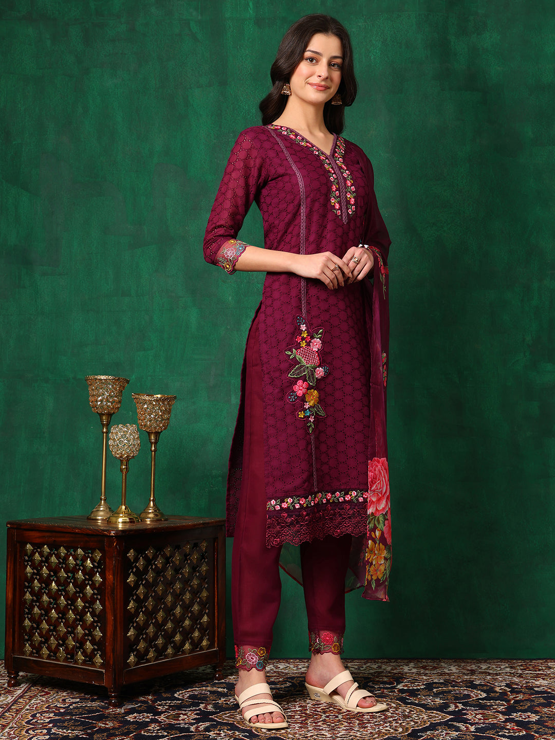 Applique Placement Embroidered Kurta with Pant & Dupatta