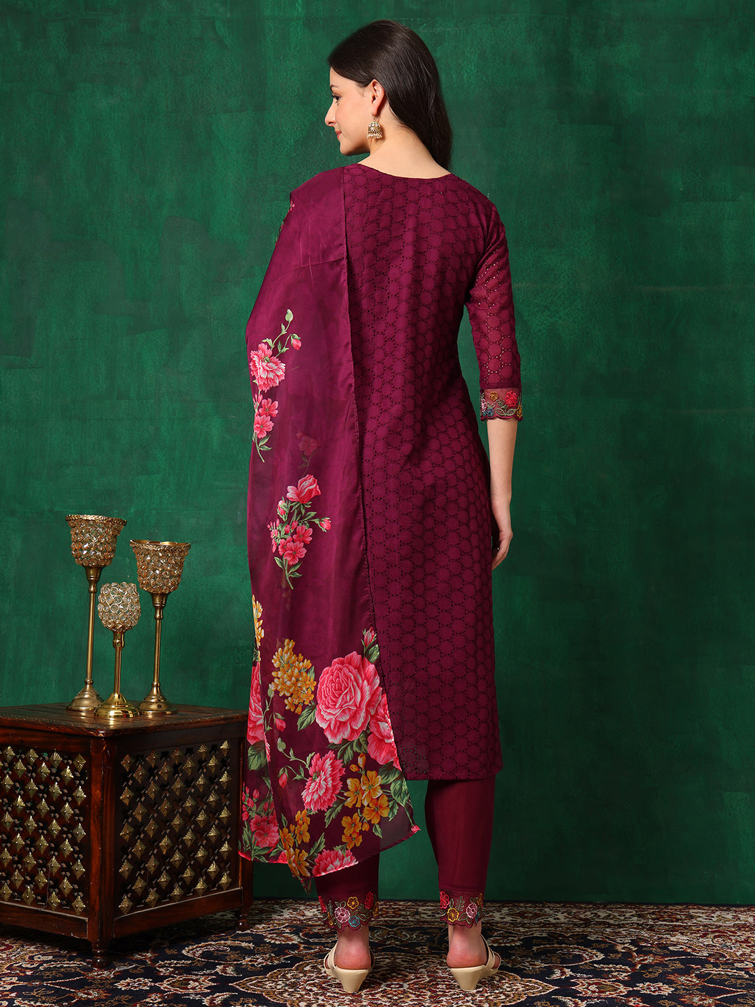 Applique Placement Embroidered Kurta with Pant & Dupatta