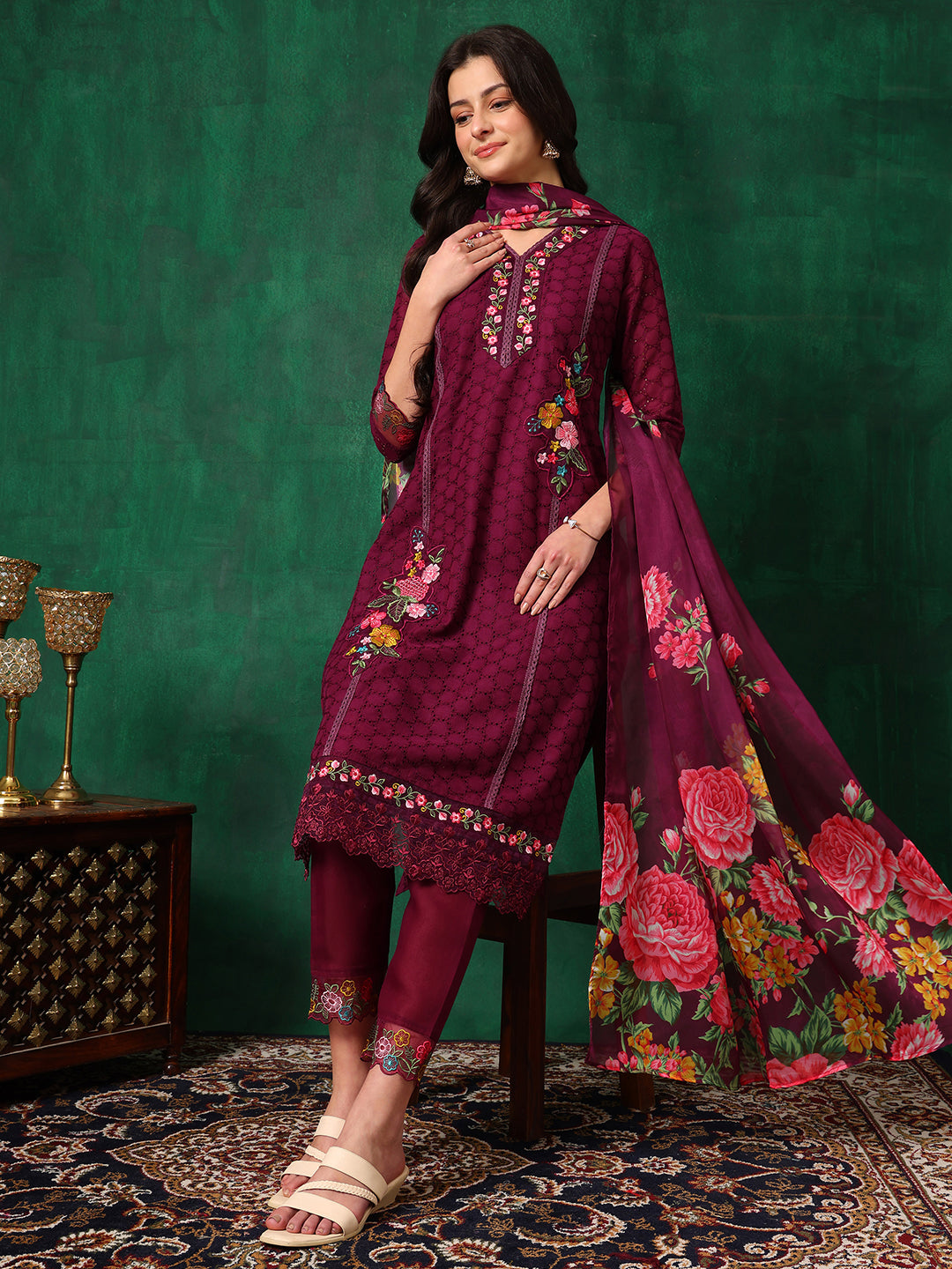 Applique Placement Embroidered Kurta with Pant & Dupatta