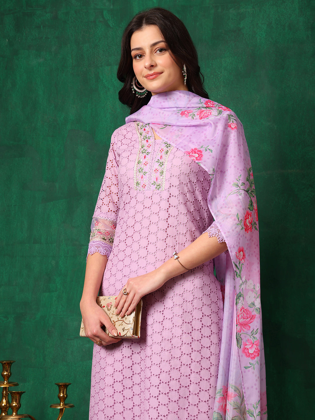 Embroidered Chikankari Kurta with Pant & Dupatta
