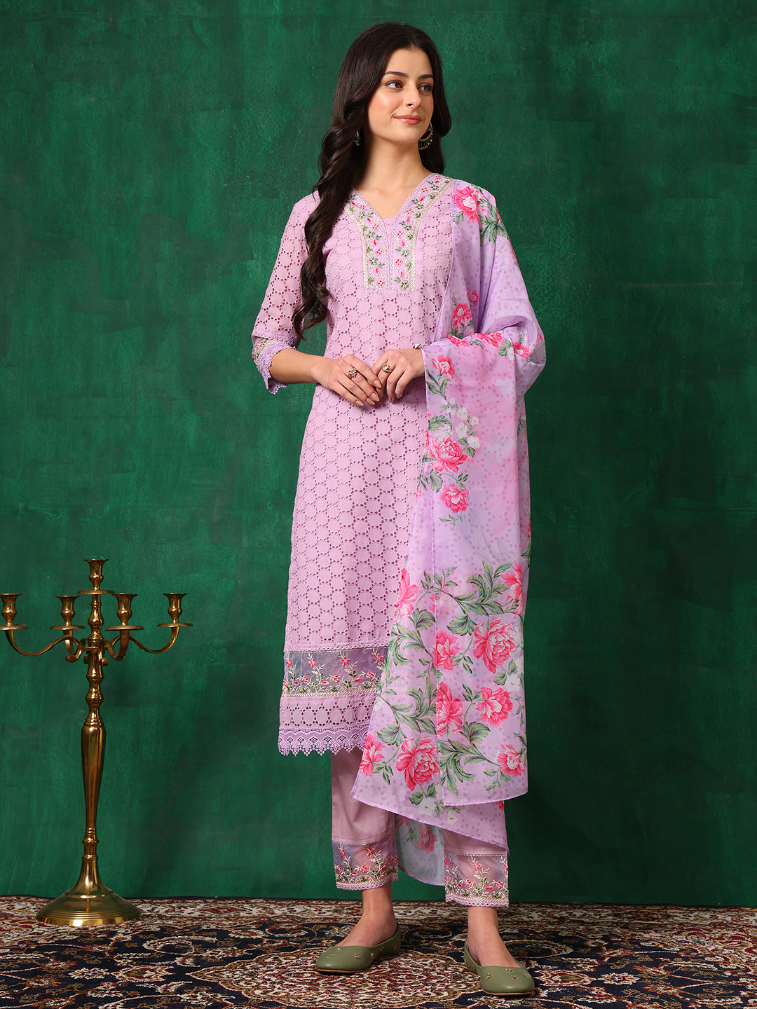 Embroidered Chikankari Kurta with Pant & Dupatta