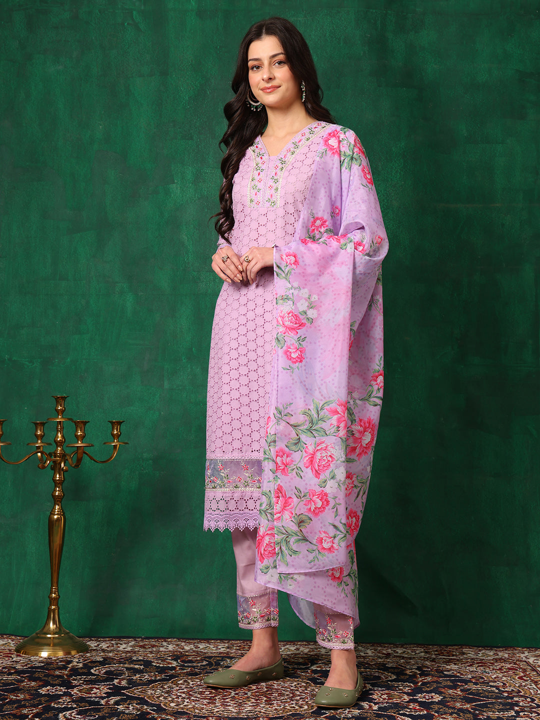 Embroidered Chikankari Kurta with Pant & Dupatta