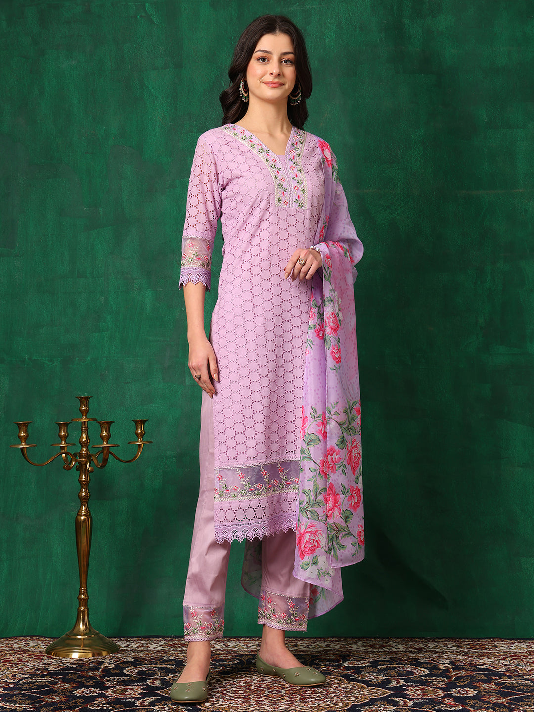 Embroidered Chikankari Kurta with Pant & Dupatta
