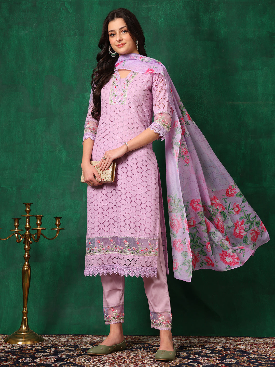 Embroidered Chikankari Kurta with Pant & Dupatta