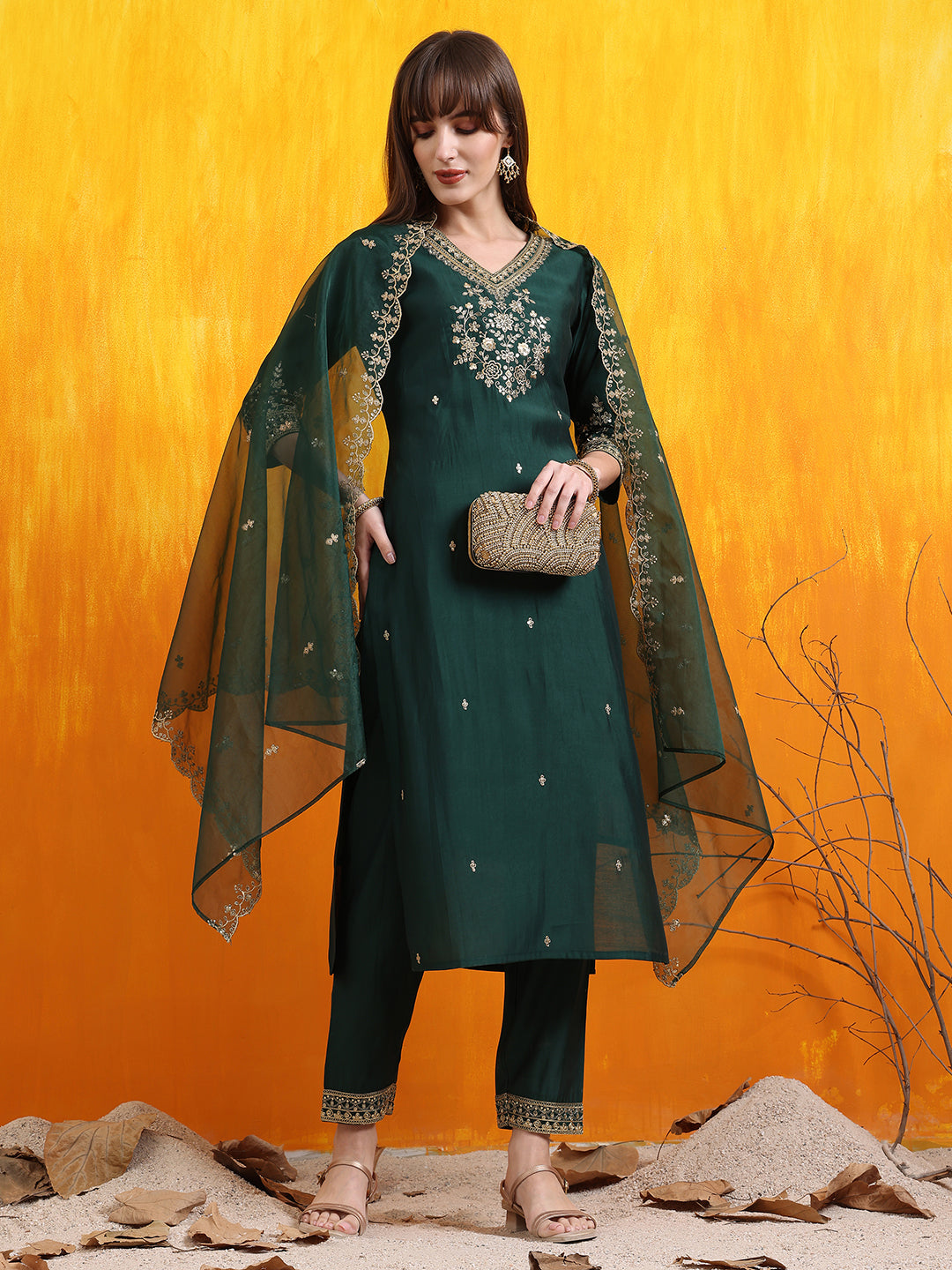 Sequined Embroidered Kurta with Pant & Embroidered Dupatta