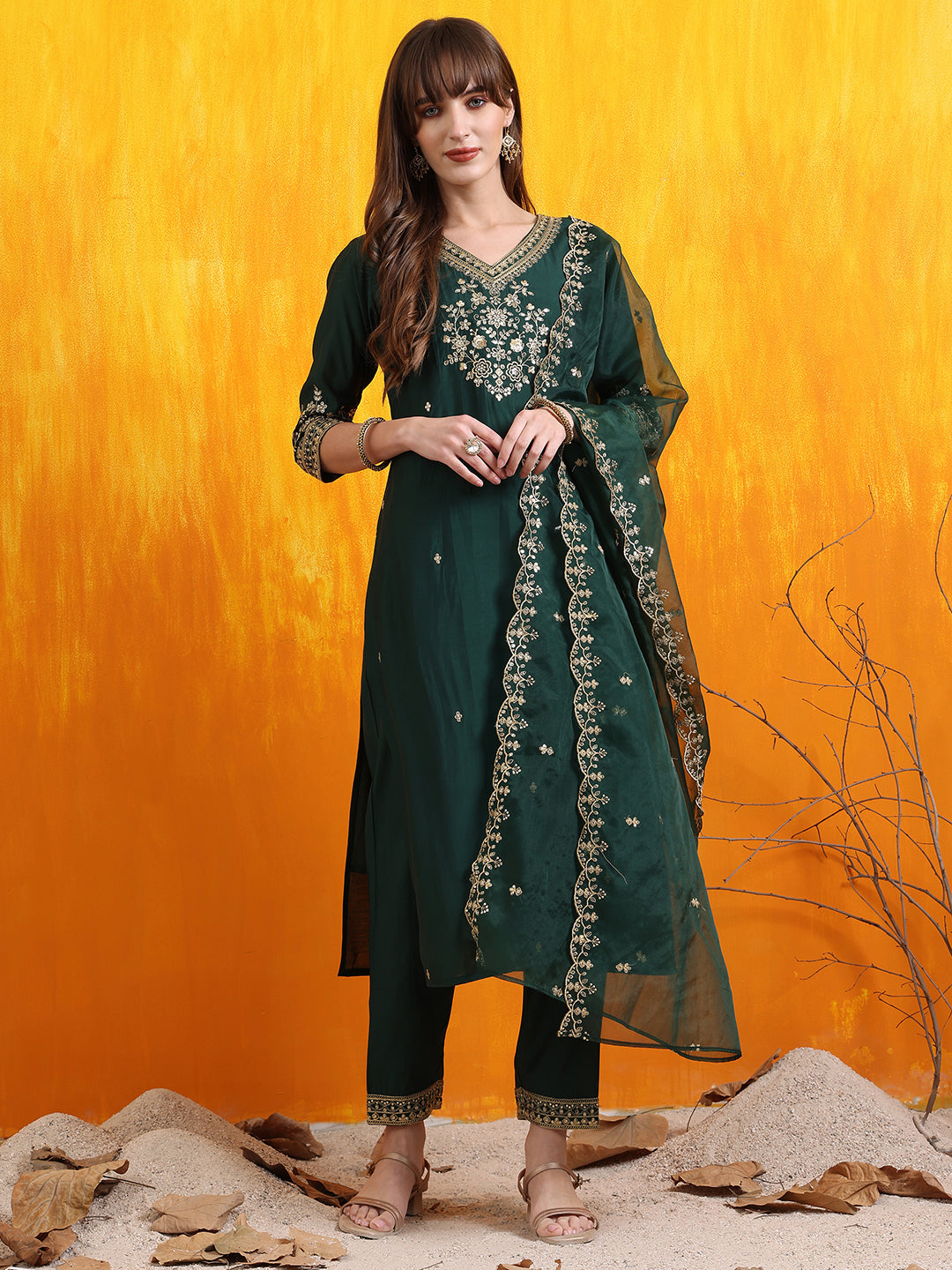 Sequined Embroidered Kurta with Pant & Embroidered Dupatta