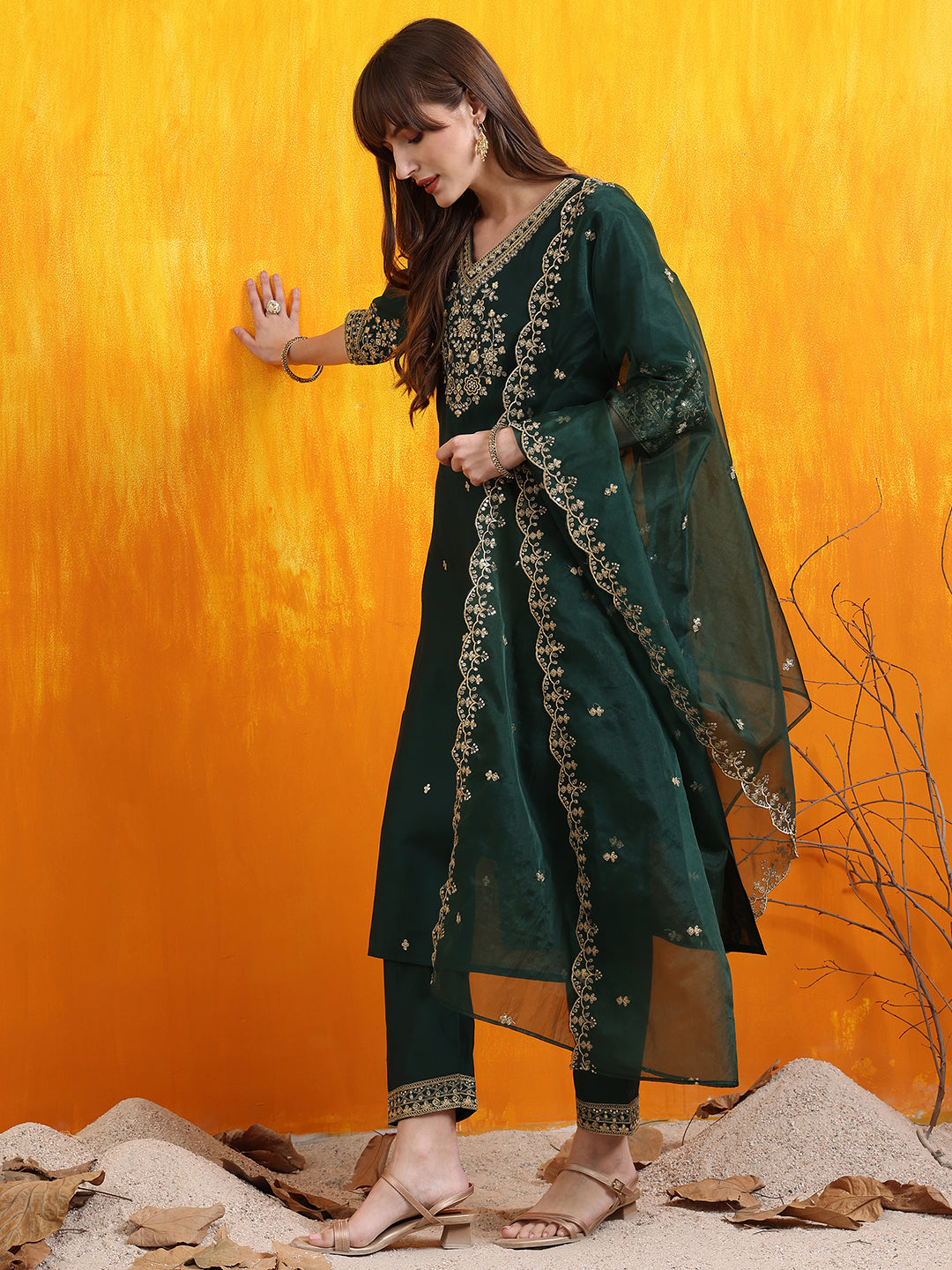 Sequined Embroidered Kurta with Pant & Embroidered Dupatta