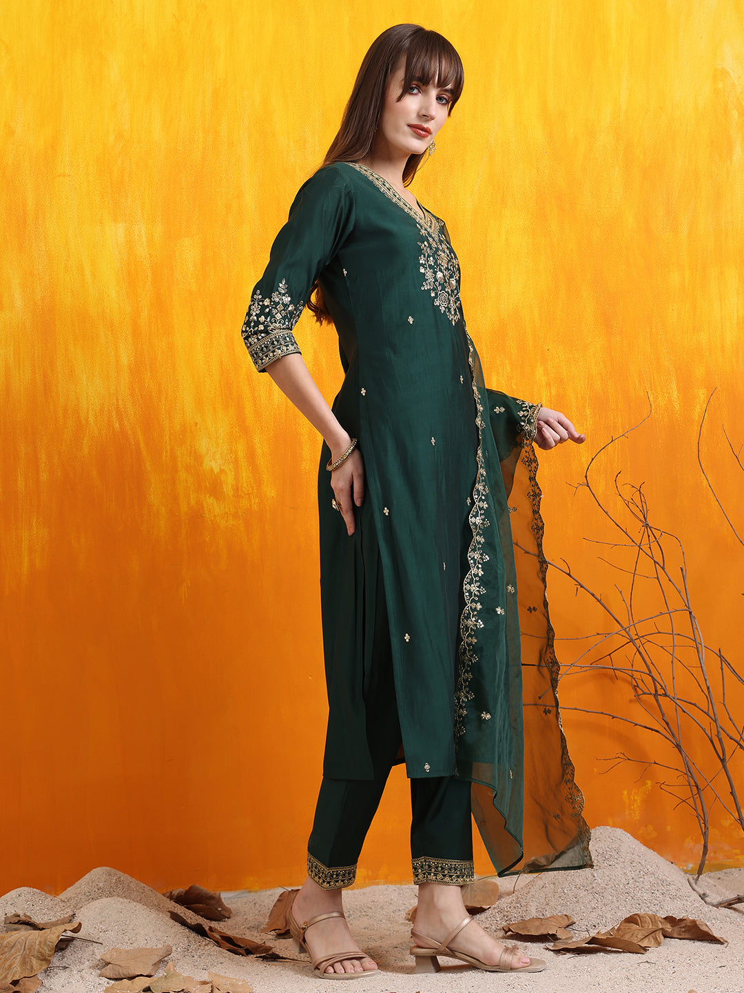 Sequined Embroidered Kurta with Pant & Embroidered Dupatta