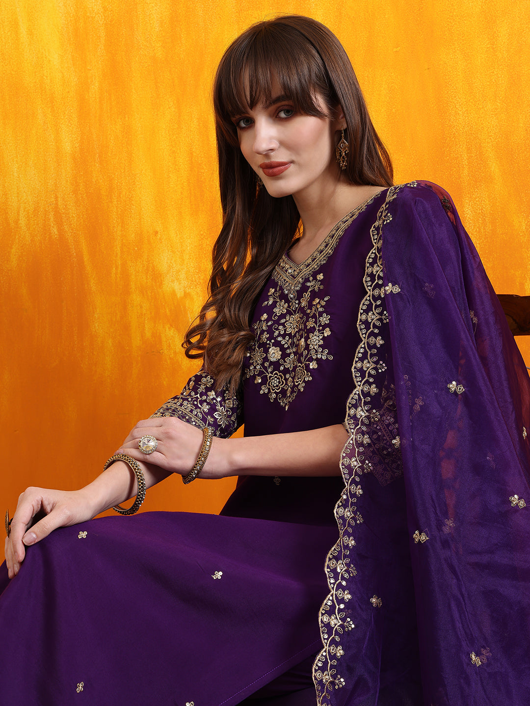 Sequined Embroidered Kurta with Pant & Embroidered Dupatta