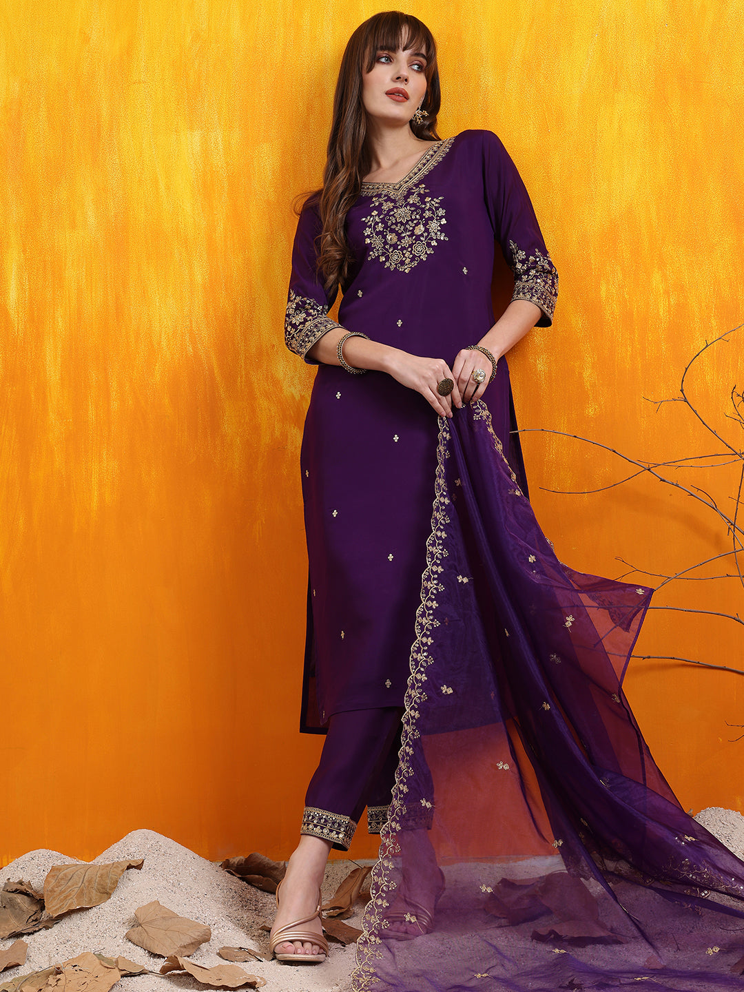 Sequined Embroidered Kurta with Pant & Embroidered Dupatta