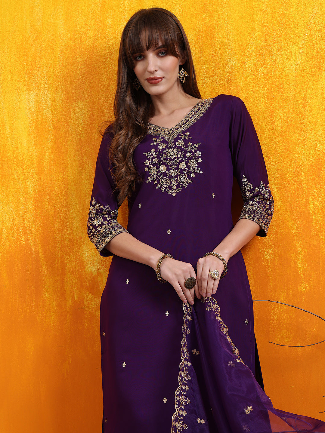 Sequined Embroidered Kurta with Pant & Embroidered Dupatta