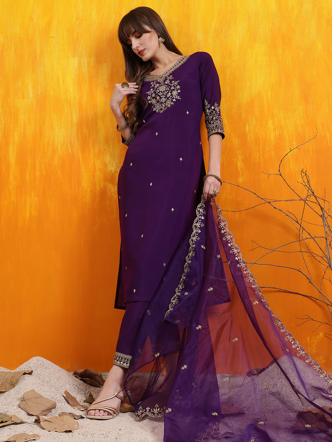 Sequined Embroidered Kurta with Pant & Embroidered Dupatta