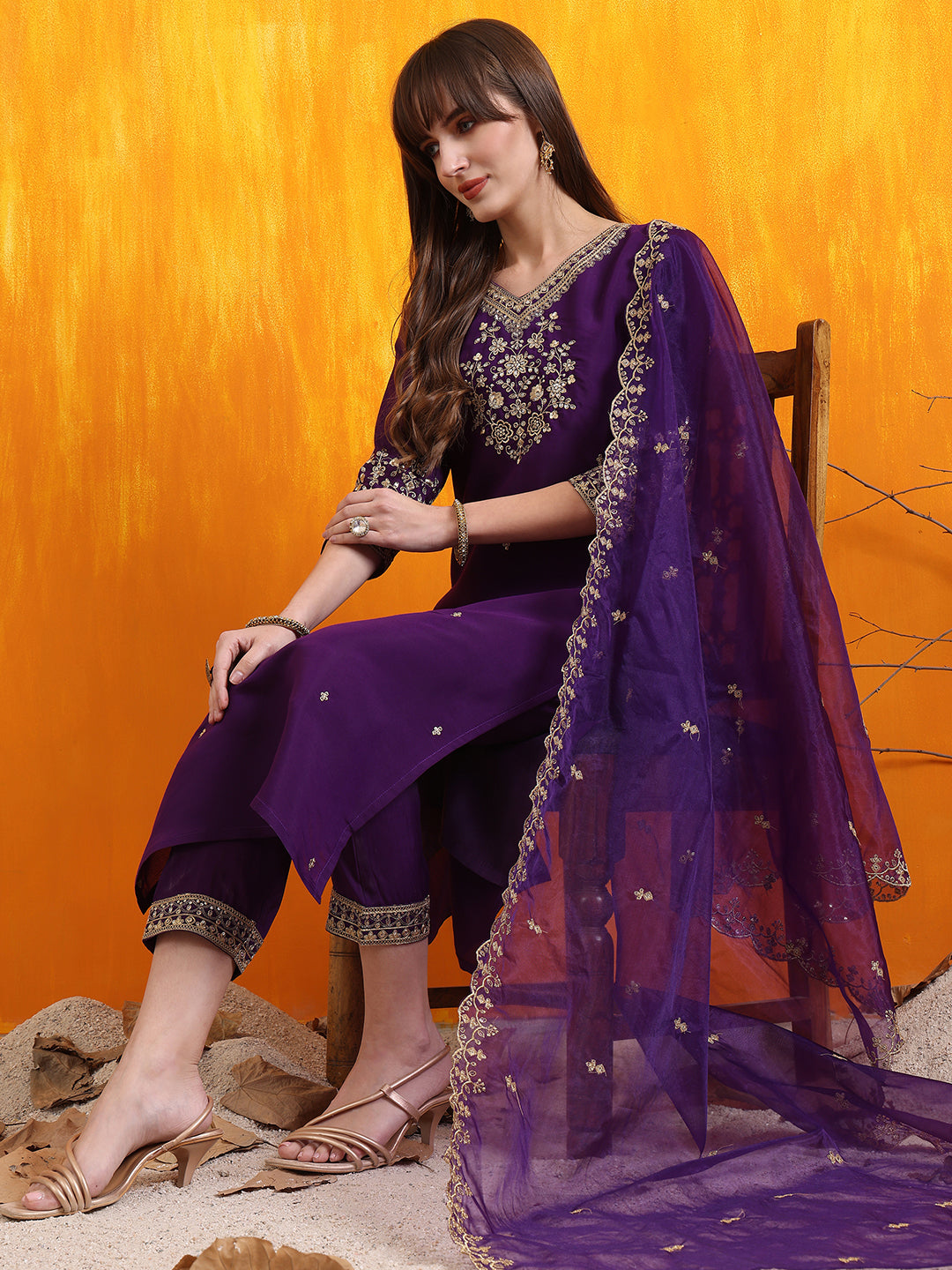 Sequined Embroidered Kurta with Pant & Embroidered Dupatta