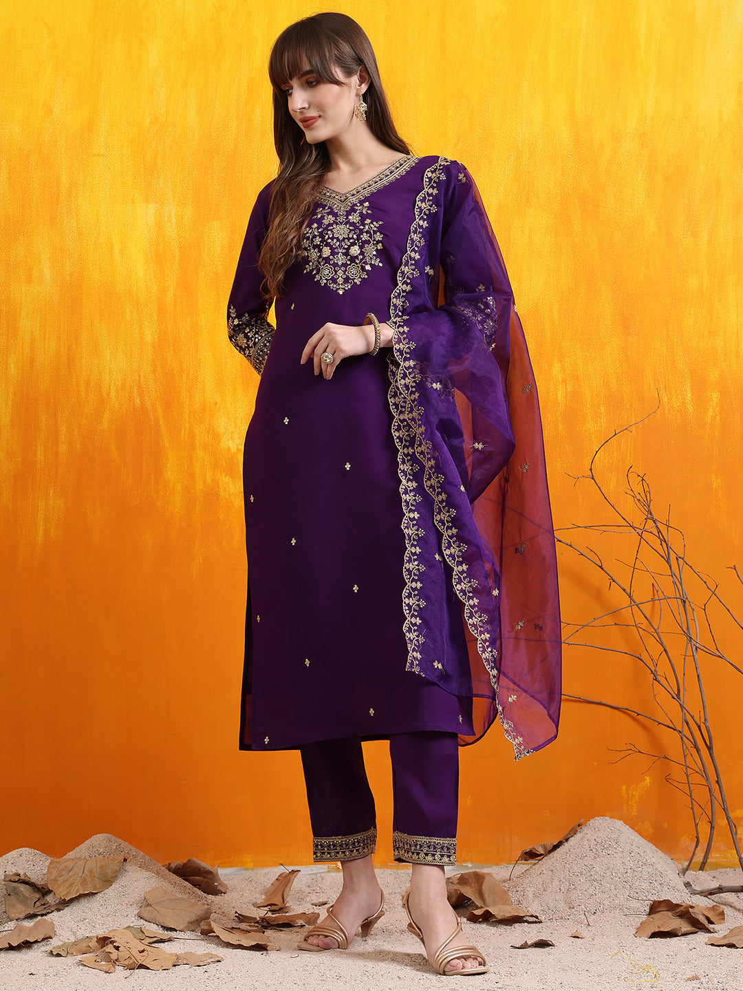 Sequined Embroidered Kurta with Pant & Embroidered Dupatta