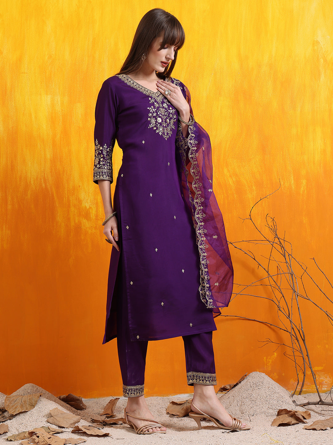 Sequined Embroidered Kurta with Pant & Embroidered Dupatta