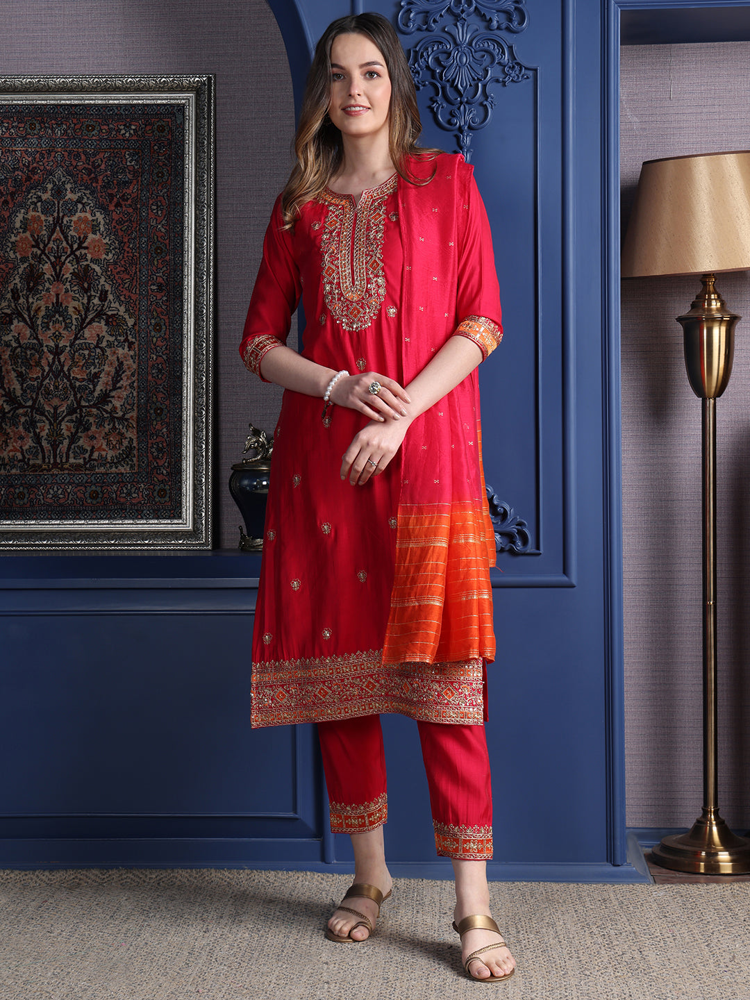 Embroidered Kurta with pant & Two toned embroidered Dupatta