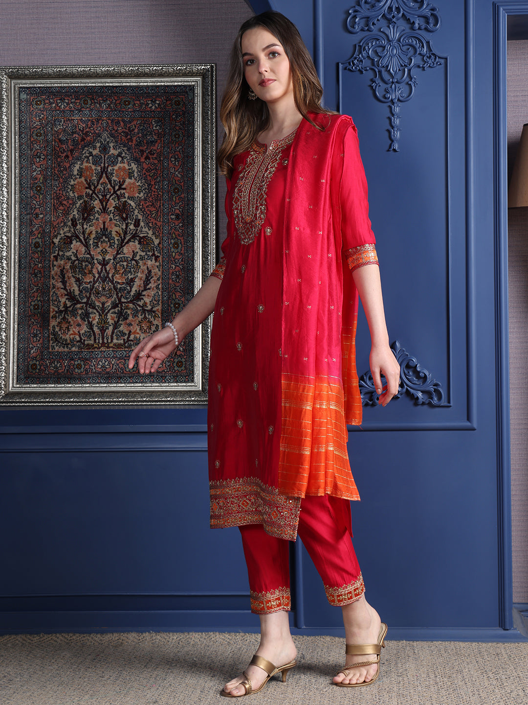 Embroidered Kurta with pant & Two toned embroidered Dupatta