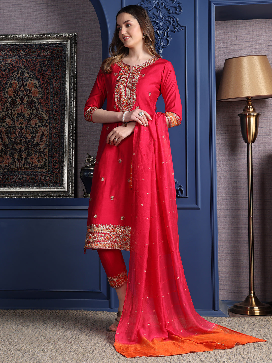 Embroidered Kurta with pant & Two toned embroidered Dupatta