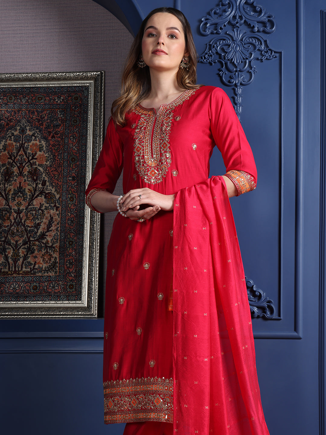 Embroidered Kurta with pant & Two toned embroidered Dupatta