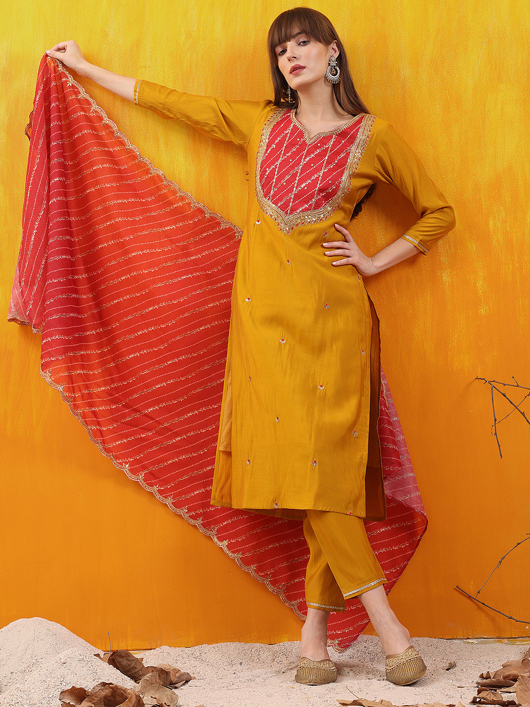 Sequined Embroidered & Applique Patch Kurta with Pant & printed Dupatta