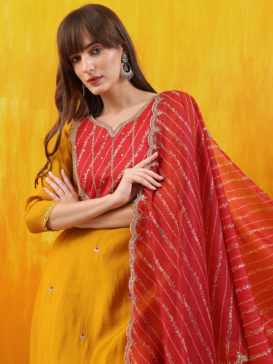 Sequined Embroidered & Applique Patch Kurta with Pant & printed Dupatta