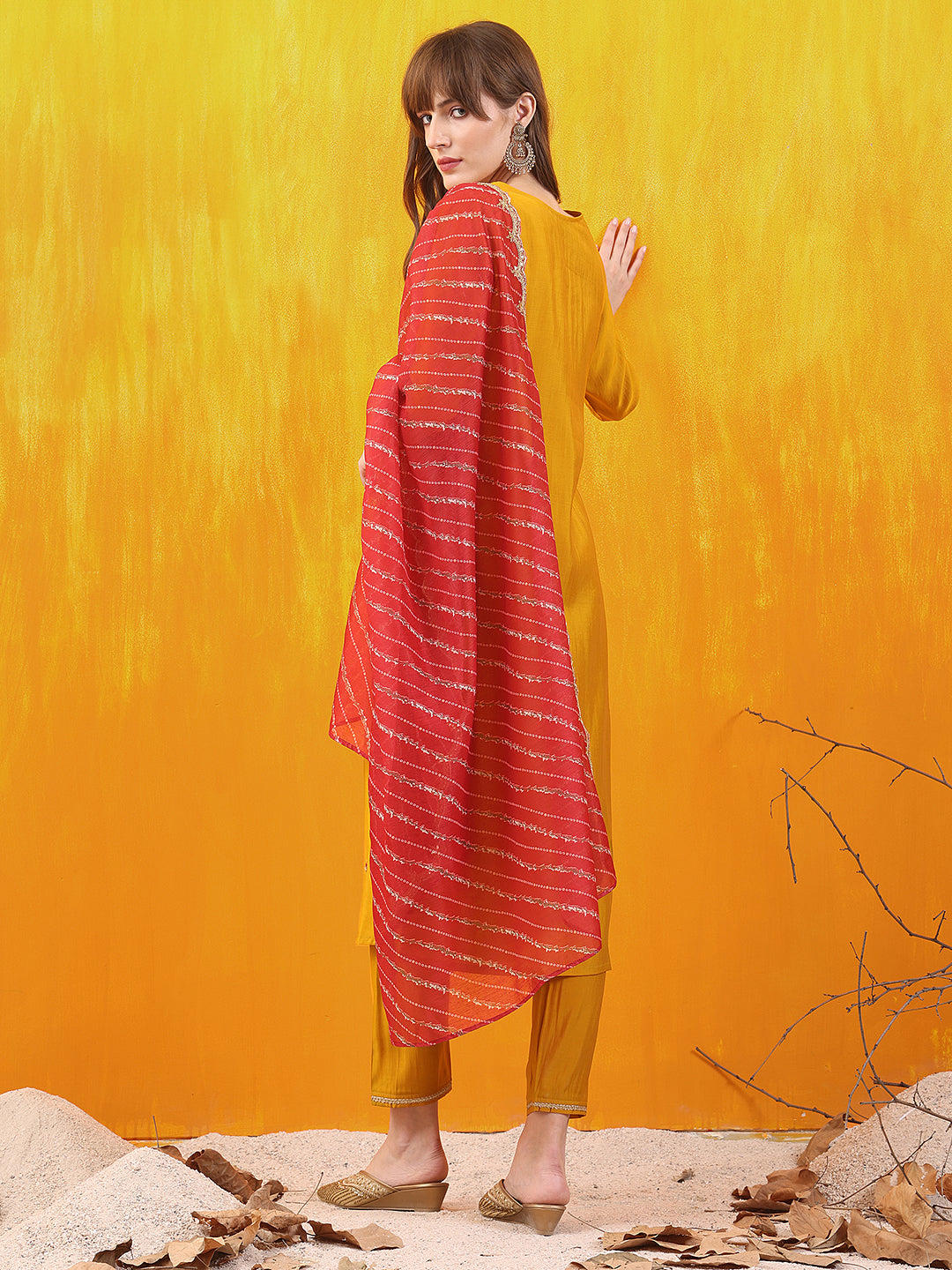 Sequined Embroidered & Applique Patch Kurta with Pant & printed Dupatta