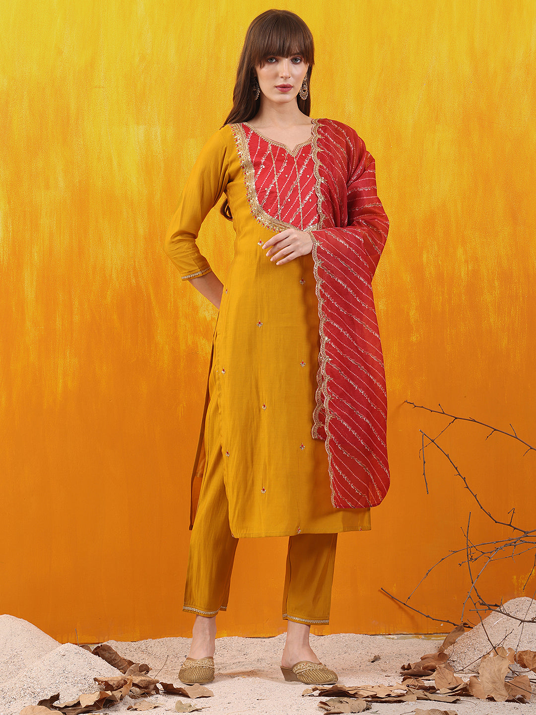 Sequined Embroidered & Applique Patch Kurta with Pant & printed Dupatta