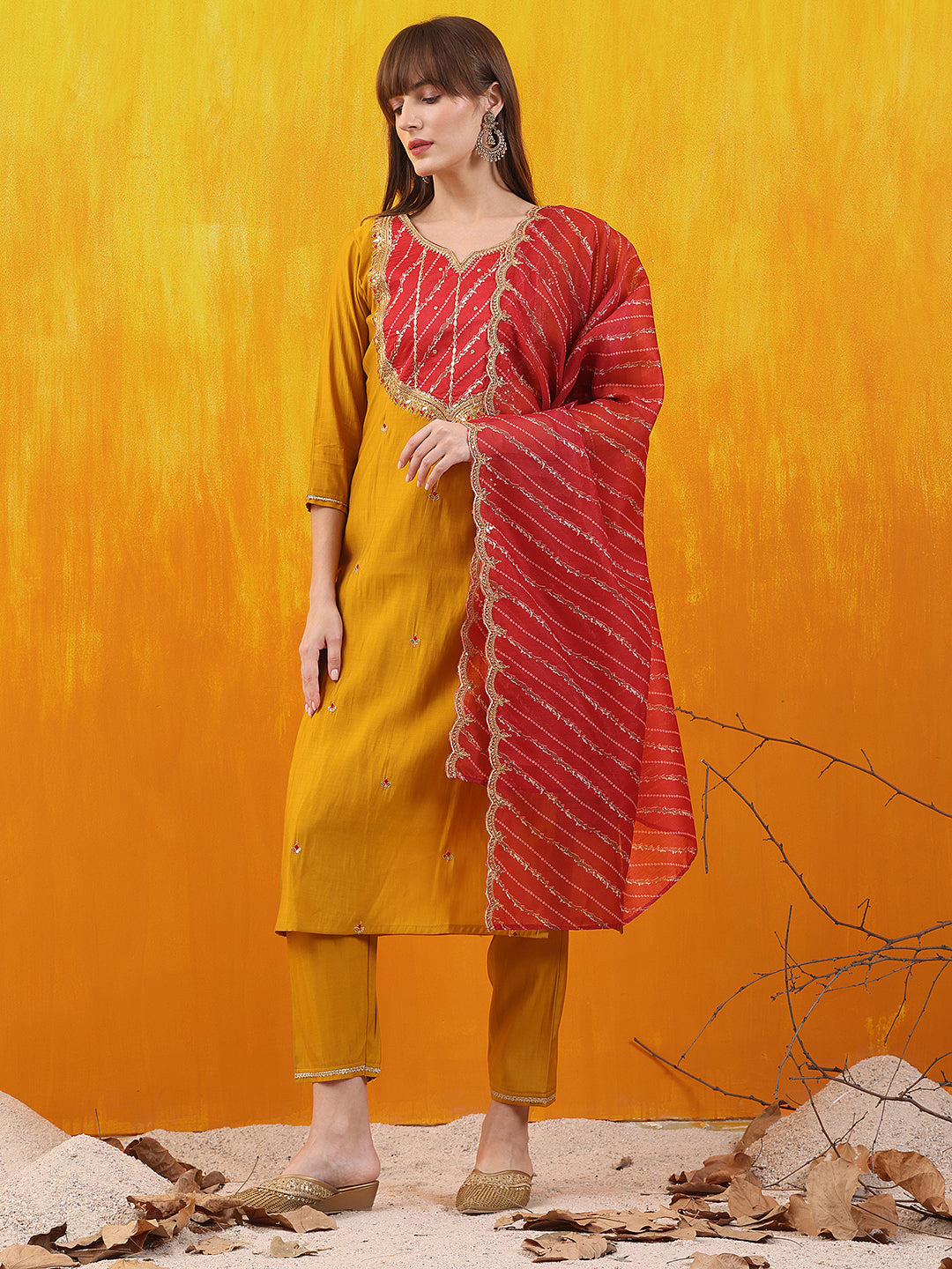 Sequined Embroidered & Applique Patch Kurta with Pant & printed Dupatta