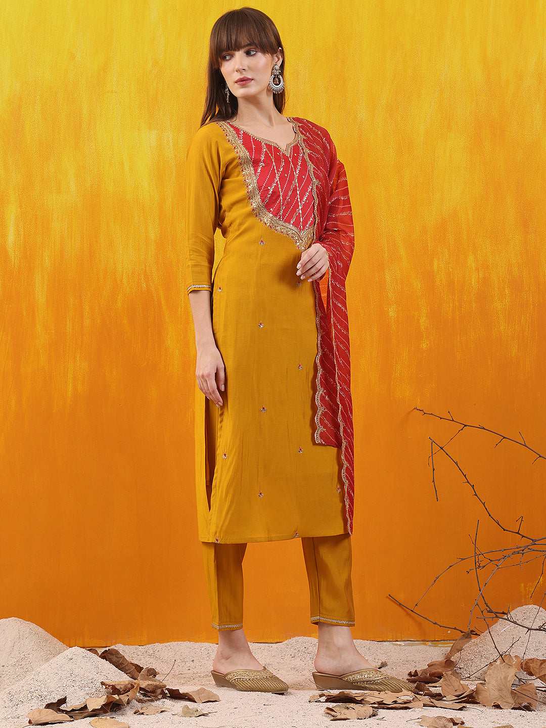 Sequined Embroidered & Applique Patch Kurta with Pant & printed Dupatta
