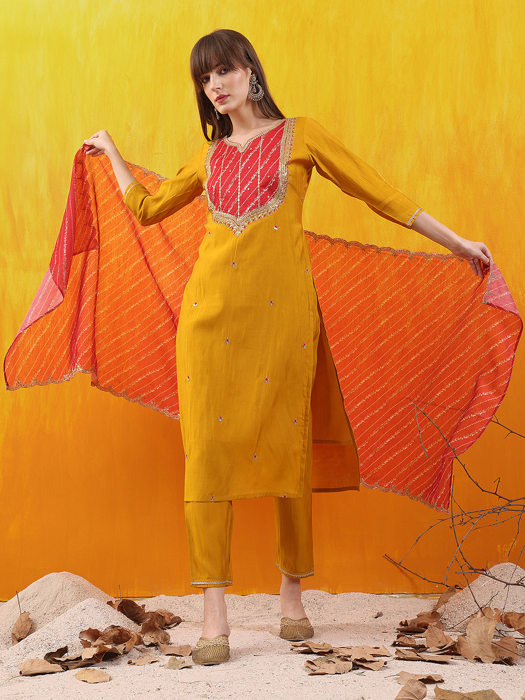 Sequined Embroidered & Applique Patch Kurta with Pant & printed Dupatta