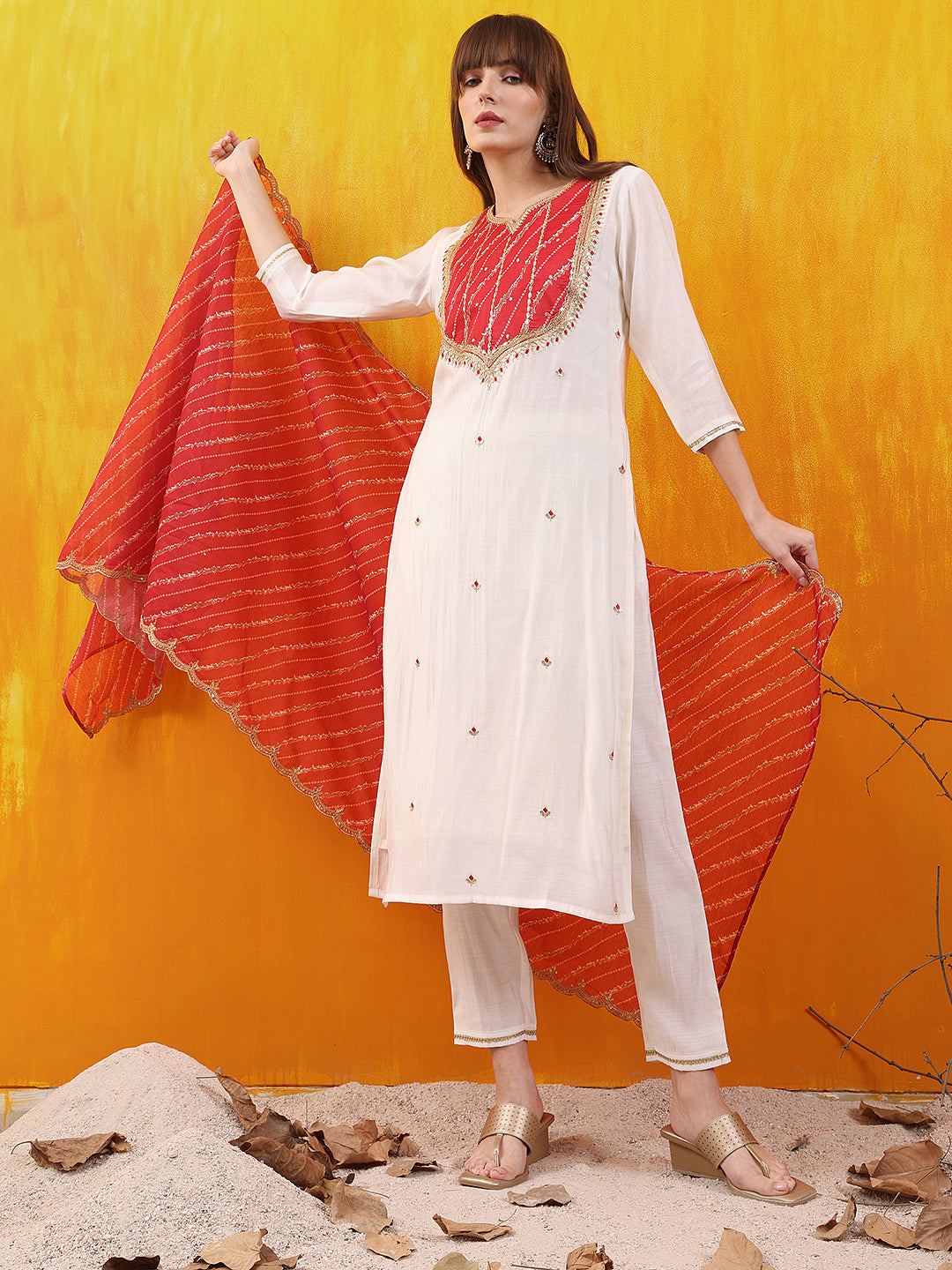 Sequined Embroidered & Applique Patch Kurta with Pant & printed Dupatta