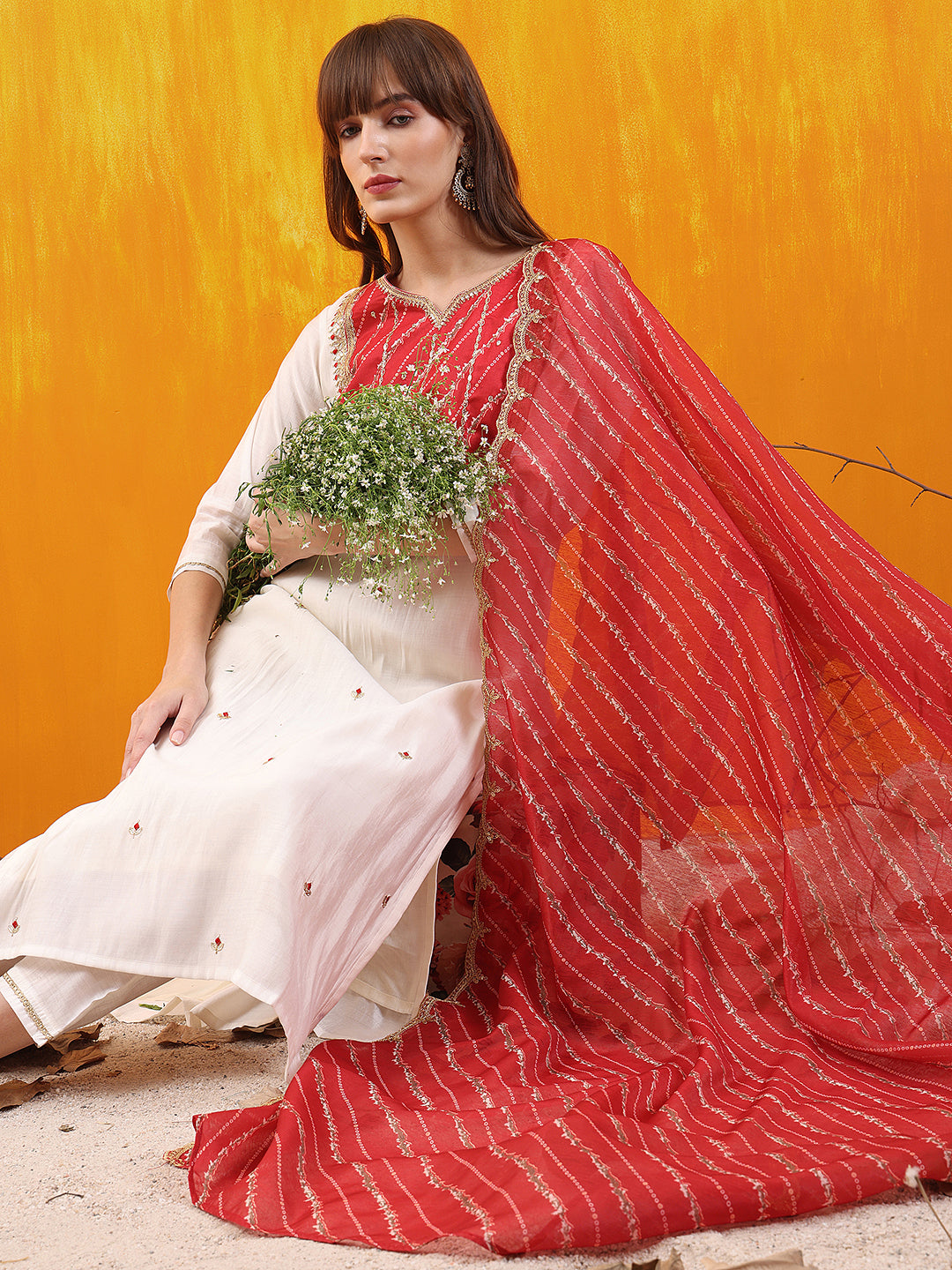 Sequined Embroidered & Applique Patch Kurta with Pant & printed Dupatta